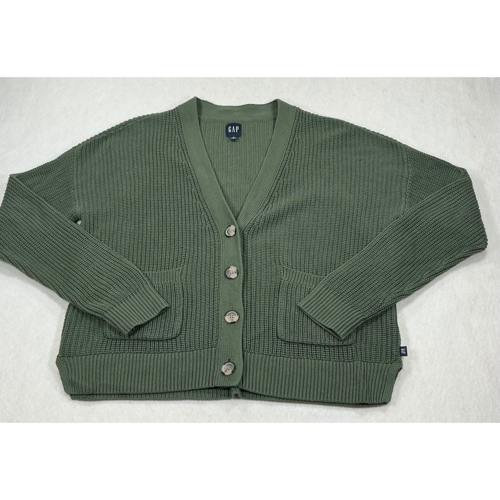 Gap Womens Olive Green Shaker Stitch Cotton Cardigan Sweater XL V-Neck Button Up